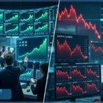 Une pièce de Bitcoin brisant une vitre en verre, symbolisant la chute du marché crypto sous le seuil critique des 64 000 dollars.