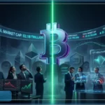 Illustration futuriste du Bitcoin dominant le marché crypto avec une lueur verte