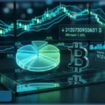 Graphique financier 3D avec le logo Bitcoin illustrant la baisse et la volatilité du marché crypto
