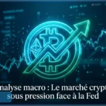Logo Bitcoin lumineux avec une flèche ascendante sur fond de graphiques financiers illustrant le marché crypto sous pression face à la Fed