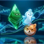 Illustration 3D des memecoins Pepe, Pengu et Shiba Inu devant des graphiques de trading crypto