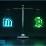 Balance affichant le logo de MicroStrategy et le symbole du Bitcoin en lumière néon