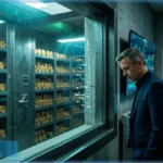 Logo Bitcoin lumineux dans une salle de serveurs illustrant le pari de MicroStrategy et Michael Saylor face à la baisse de l'action STRC