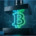 Un logo Bitcoin lumineux vert écrasé par une presse métallique, symbolisant la pression financière sur MicroStrategy.