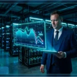 Serveurs de minage Bitcoin et graphique montrant la chute de la difficulté du réseau.