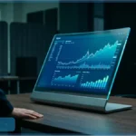 Un investisseur institutionnel analysant la performance des ETF XRP sur un écran affichant des graphiques financiers haussiers.