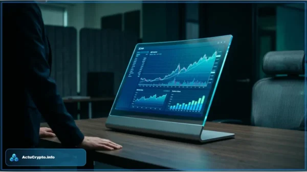 Un investisseur institutionnel analysant la performance des ETF XRP sur un écran affichant des graphiques financiers haussiers.