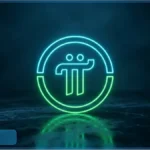 Logo en néon bleu et vert de Pi Network brillant sur une surface sombre, représentant l'évolution du jeton PI