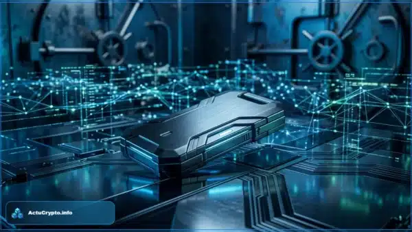 Portefeuille matériel de cryptomonnaie posé sur une surface futuriste entouré d'un réseau blockchain lumineux avec un coffre-fort en arrière-plan