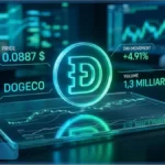 Tableau de bord virtuel affichant le logo Dogecoin lumineux avec un prix de 0,0887 dollar et une hausse de 4,91 pourcent