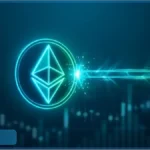 Logo Ethereum en néon bleu heurtant une ligne de résistance lumineuse sur fond de graphique boursier crypto