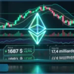 Graphique de trading affichant le prix d'Ethereum à 1687 dollars avec une hausse de 3,71 pourcents