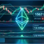 Logo Ethereum lumineux au-dessus d'un smartphone affichant un graphique de trading avec le prix à 1567 dollars