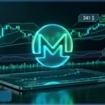 Logo lumineux du Monero XMR avec des graphiques boursiers en arrière-plan affichant un prix de 341 dollars