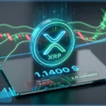 Jeton XRP lumineux affichant un prix de 1,14 dollar sur fond de graphiques boursiers en baisse