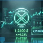 Logo XRP lumineux affichant un prix de 1,24 dollar et une hausse de 9,23 pourcents devant des graphiques de trading