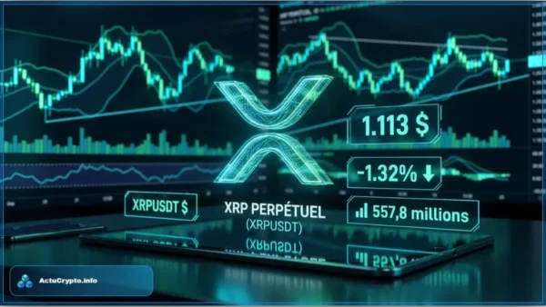 Graphique d'analyse technique montrant le prix du XRP à 1,113 dollars sur une plateforme de trading crypto