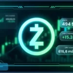 Tableau de bord affichant le prix du Zcash à 494 dollars et une hausse de 15,33 pourcents sur fond de graphique boursier vert