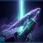 Une baleine cybernétique lumineuse s'élevant au-dessus de blocs brisés avec un graphique haussier en arrière-plan, illustrant le rebond du XRP.