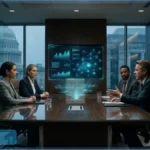 Une réunion de dirigeants dans un bureau avec vue sur le Capitole américain, discutant de la réglementation des stablecoins autour d'un hologramme de données blockchain.
