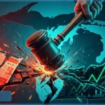 Un marteau de juge s'abat sur une carte du Michigan, symbolisant la décision de justice contre les marchés de prédiction. À gauche, des tickets de paris brûlent, et à droite, un graphique financier montre la volatilité du marché.
