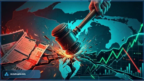Un marteau de juge s'abat sur une carte du Michigan, symbolisant la décision de justice contre les marchés de prédiction. À gauche, des tickets de paris brûlent, et à droite, un graphique financier montre la volatilité du marché.