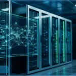 Data center avec des serveurs symbolisant l'infrastructure du réseau Stellar XLM, avec une surimpression d'un réseau de nœuds connectés représentant la tokenisation RWA et le partenariat DTCC.