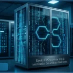 Illustration d'un serveur informatique avec le logo de Ripple (XRP) en néon bleu, dans un data center. L'image représente la tokenisation des actifs par Wall Street et la possible introduction en bourse (IPO) de Ripple.