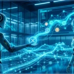 Professionnels analysant des interfaces holographiques dans un centre de serveurs illustrant la technologie de paiements IA de Ripple sur le réseau XRPL