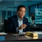Un portefeuille matériel crypto et un lingot d'or sur un bureau financier.