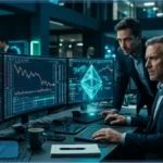 Des traders professionnels en costume analysent les graphiques d'Ethereum sur de multiples écrans dans une salle de marché moderne.