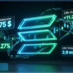 Logo Solana lumineux en 3D avec des graphiques de trading affichant un prix de 75 dollars et une hausse de 11,27 pourcent