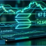 Logo Solana lumineux sur fond de graphiques boursiers indiquant un prix de 67 dollars et une hausse de 2,64 pourcents