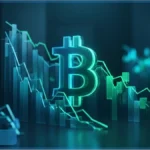 Symbole Bitcoin lumineux avec des graphiques en baisse illustrant les retraits des ETF Bitcoin