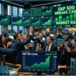 Illustration 3D futuriste du nombre 500 avec une flèche ascendante lumineuse représentant la hausse de l'indice S&P 500 à Wall Street