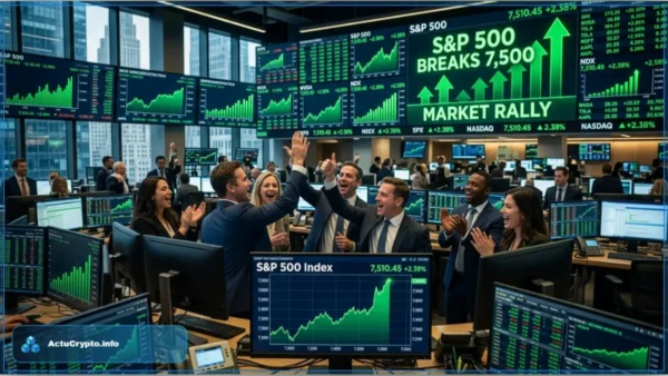 Illustration 3D futuriste du nombre 500 avec une flèche ascendante lumineuse représentant la hausse de l'indice S&P 500 à Wall Street