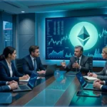 Des dirigeants d'entreprise en réunion analysent des graphiques financiers et le logo Ethereum sur un grand écran, discutant de leur stratégie de trésorerie Ethereum.