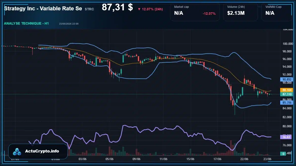 Graphique du cours Strategy Inc - Variable Rate Se (STRC) Analyse technique du cours Strategy Inc - Variable Rate Se (STRC) avec données de marché récentes