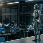 Robot humanoïde futuriste dans une salle de marché, illustrant l'investissement de Tether dans NEURA Robotics