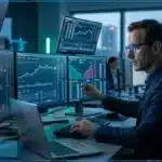 Un trader professionnel en costume analyse des graphiques de cryptomonnaies sur plusieurs écrans d'ordinateur dans un bureau moderne.