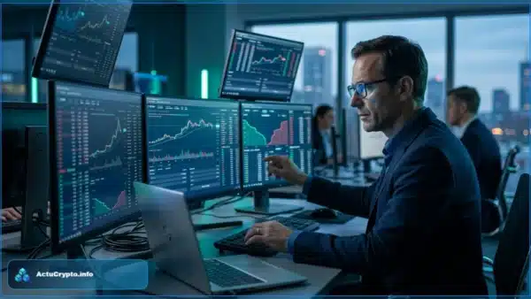 Un trader professionnel en costume analyse des graphiques de cryptomonnaies sur plusieurs écrans d'ordinateur dans un bureau moderne.
