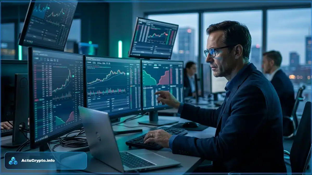 Un trader professionnel en costume analyse des graphiques de cryptomonnaies sur plusieurs écrans d'ordinateur dans un bureau moderne.