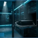 Un rack de serveur ouvert dans un data center, illustrant le transfert de BTC de Mt. Gox.