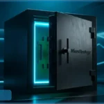 Coffre-fort noir MicroStrategy entrouvert révélant un logo Bitcoin lumineux en néon bleu.