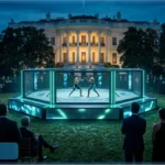 Un octogone de l'UFC installé sur la pelouse de la Maison Blanche, illustrant l'exposition politique des cryptomonnaies.