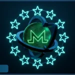 Pièce de Monero entourée des étoiles de l'Union européenne illustrant la régulation des cryptomonnaies