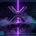 Logo XRP en pierre posé sur une falaise rocheuse avec un rayon lumineux violet et des données numériques en arrière-plan