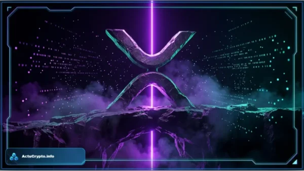 Logo XRP en pierre posé sur une falaise rocheuse avec un rayon lumineux violet et des données numériques en arrière-plan