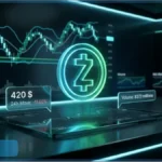 Logo Zcash en néon vert au-dessus d'une tablette affichant des graphiques financiers et un prix en baisse à 420 dollars