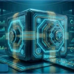 Coffre-fort numérique futuriste illustrant les Stable Vaults d'Aave et les rendements fixes en stablecoins DeFi